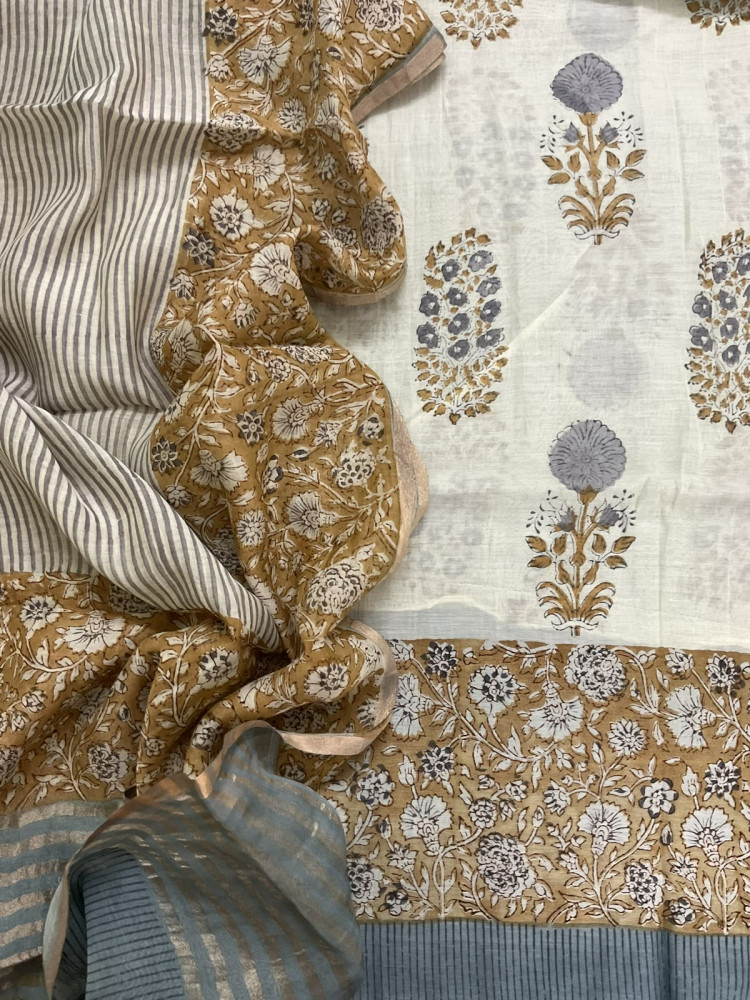 Image of Pure Mul Chanderi Printed Suit - Cream