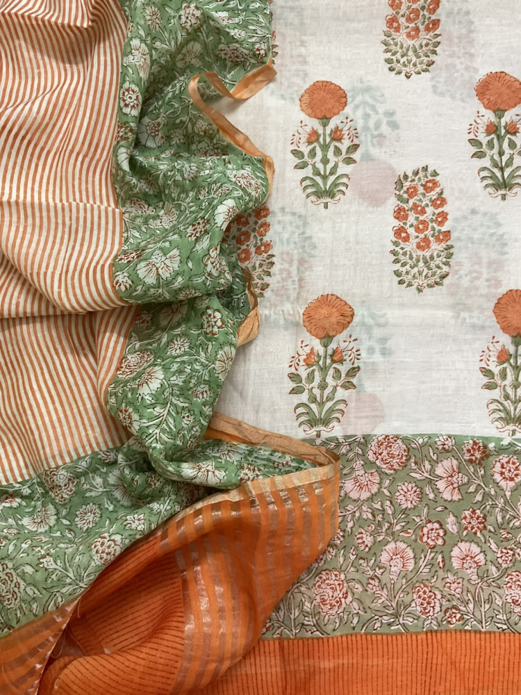 Image of Pure Mul Chanderi Printed Suit - Cream