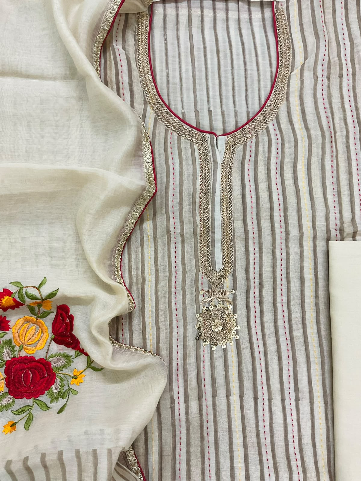 Pure Slub Chanderi Printed Embroidered Suit - Beige