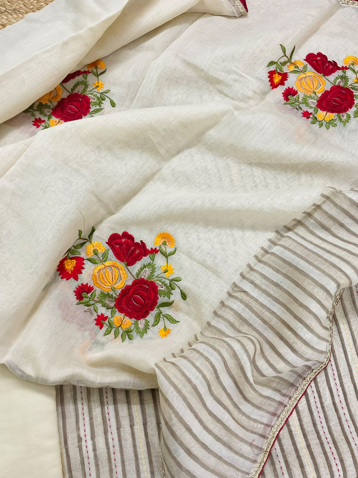 Pure Slub Chanderi Printed Embroidered Suit - Beige