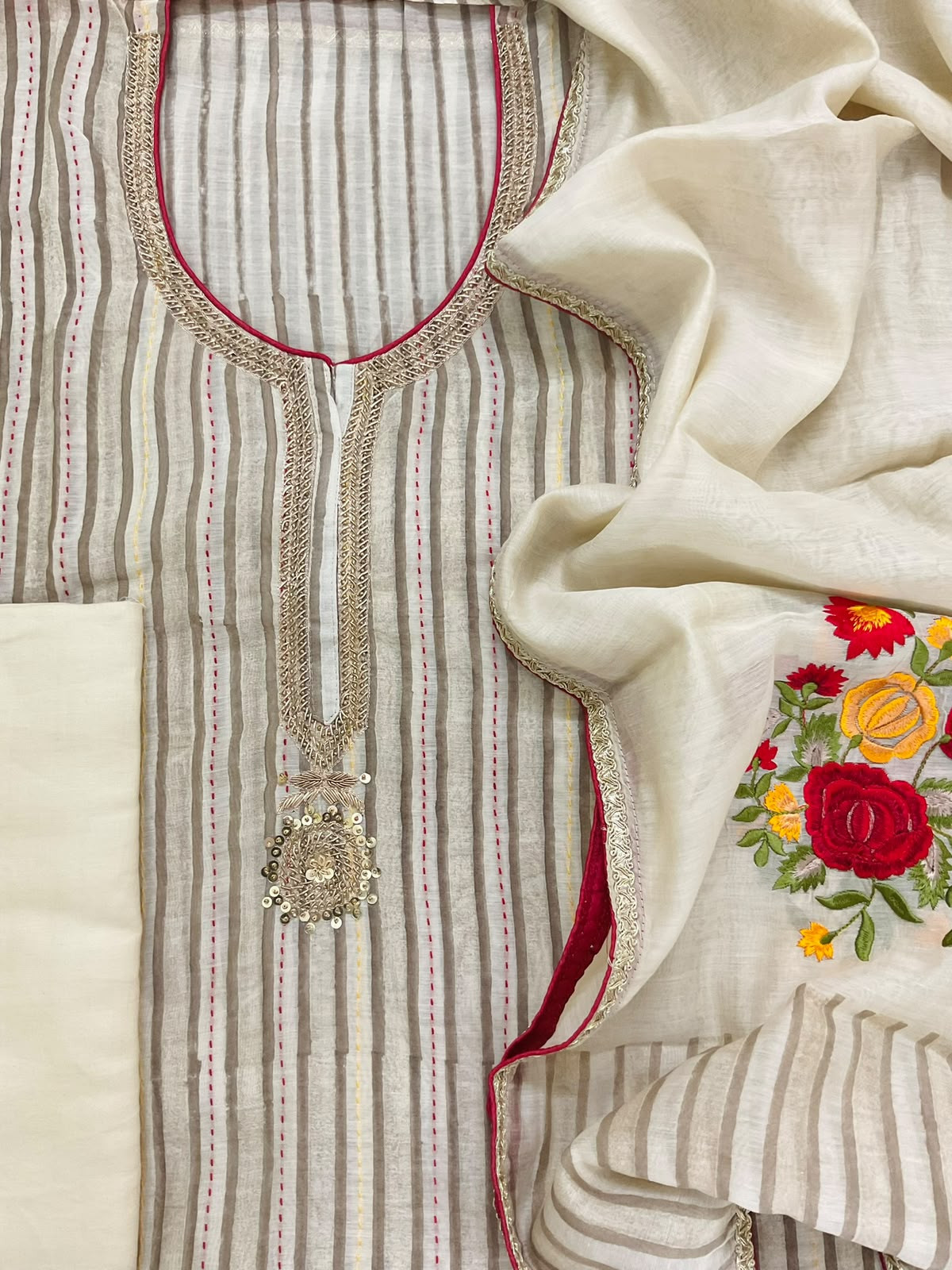 Pure Slub Chanderi Printed Embroidered Suit - Beige