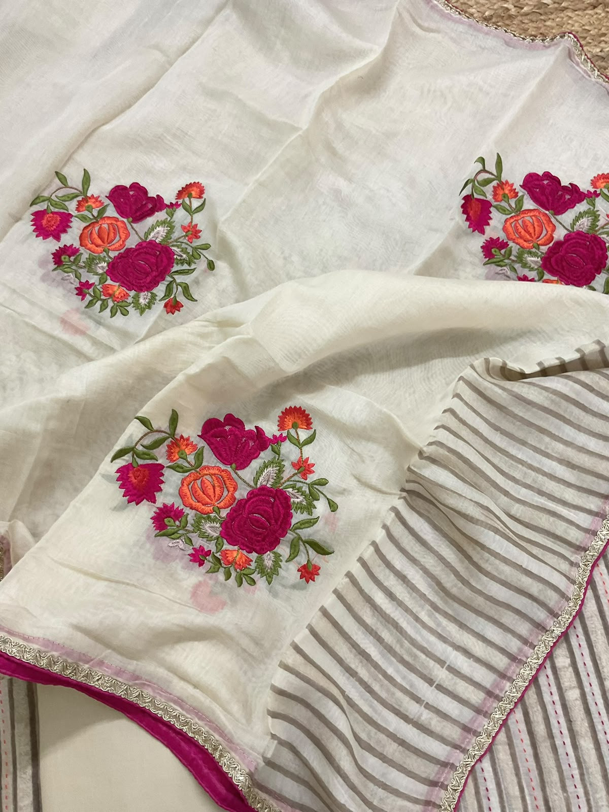Pure Slub Chanderi Printed Embroidered Suit - Beige