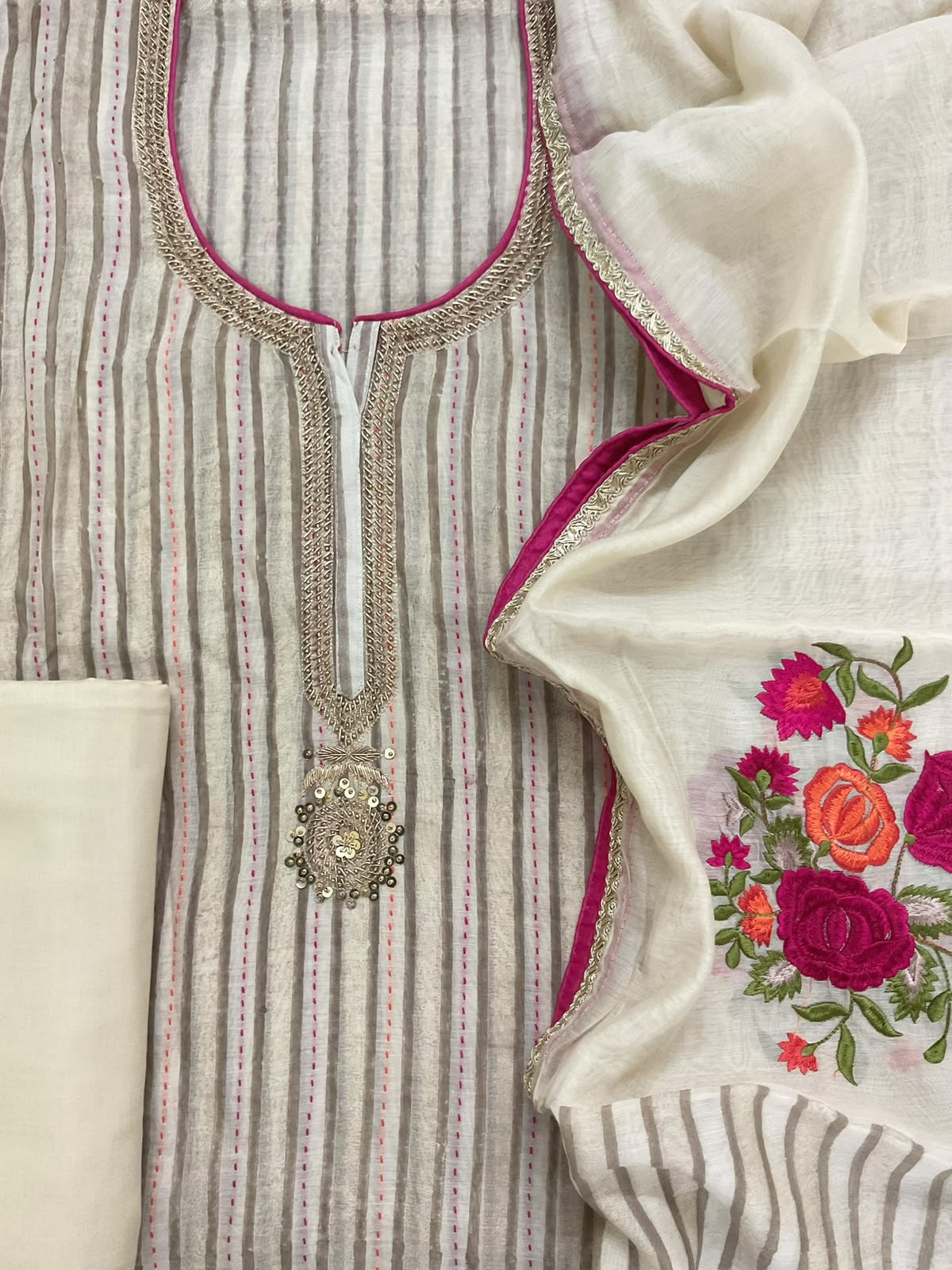 Pure Slub Chanderi Printed Embroidered Suit - Beige