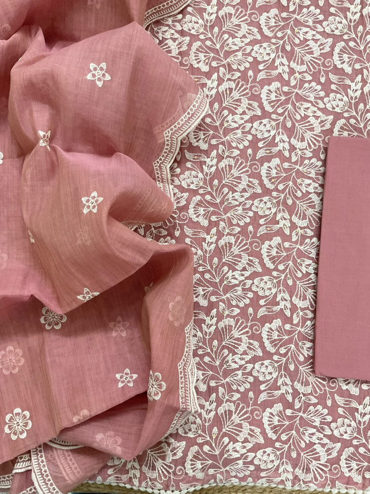 Image of Pure Slub Chanderi Embroidered Suit - Pink
