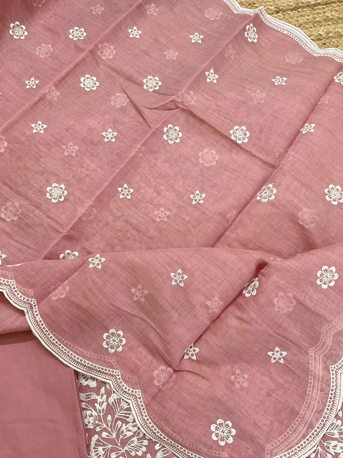 Pure Slub Chanderi Embroidered Suit - Pink