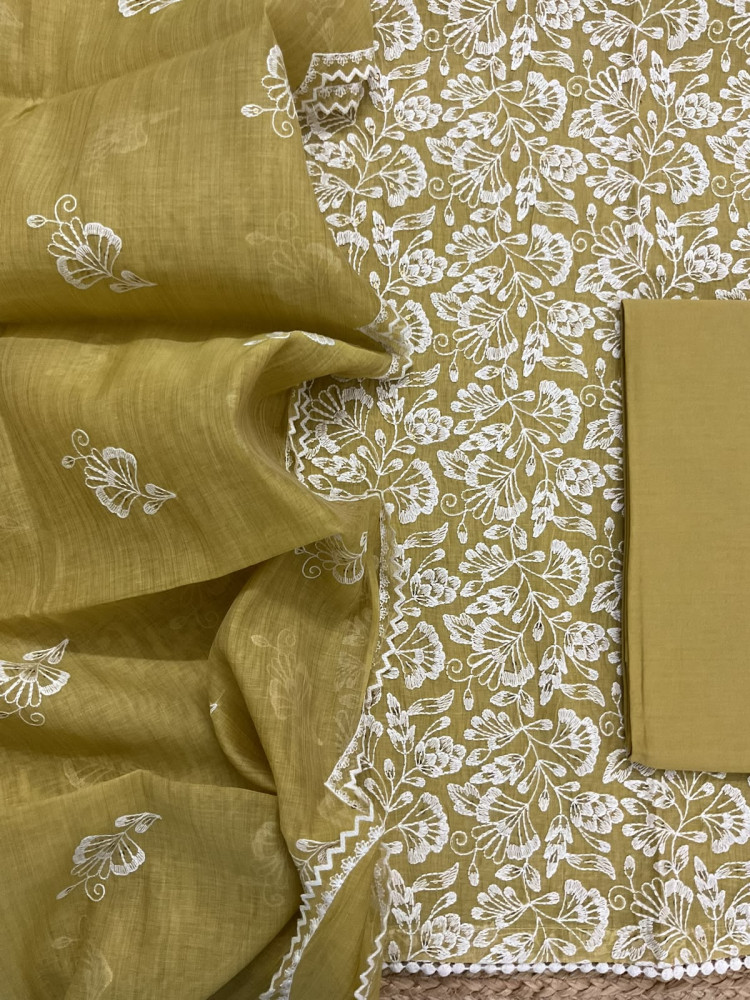 Image of Pure Slub Chanderi Embroidered Suit - Yellow