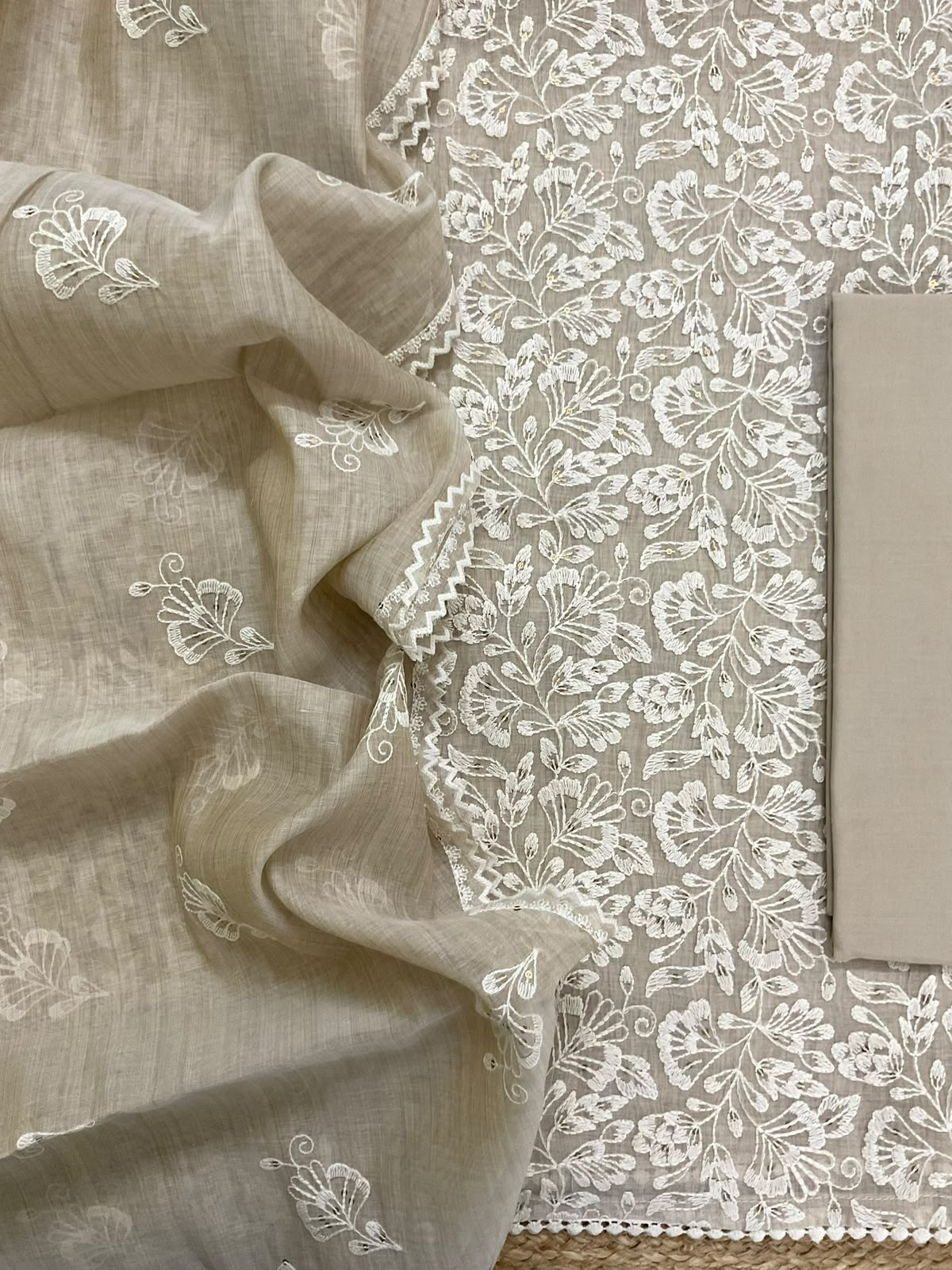 Pure Slub Chanderi Embroidered Suit - Beige