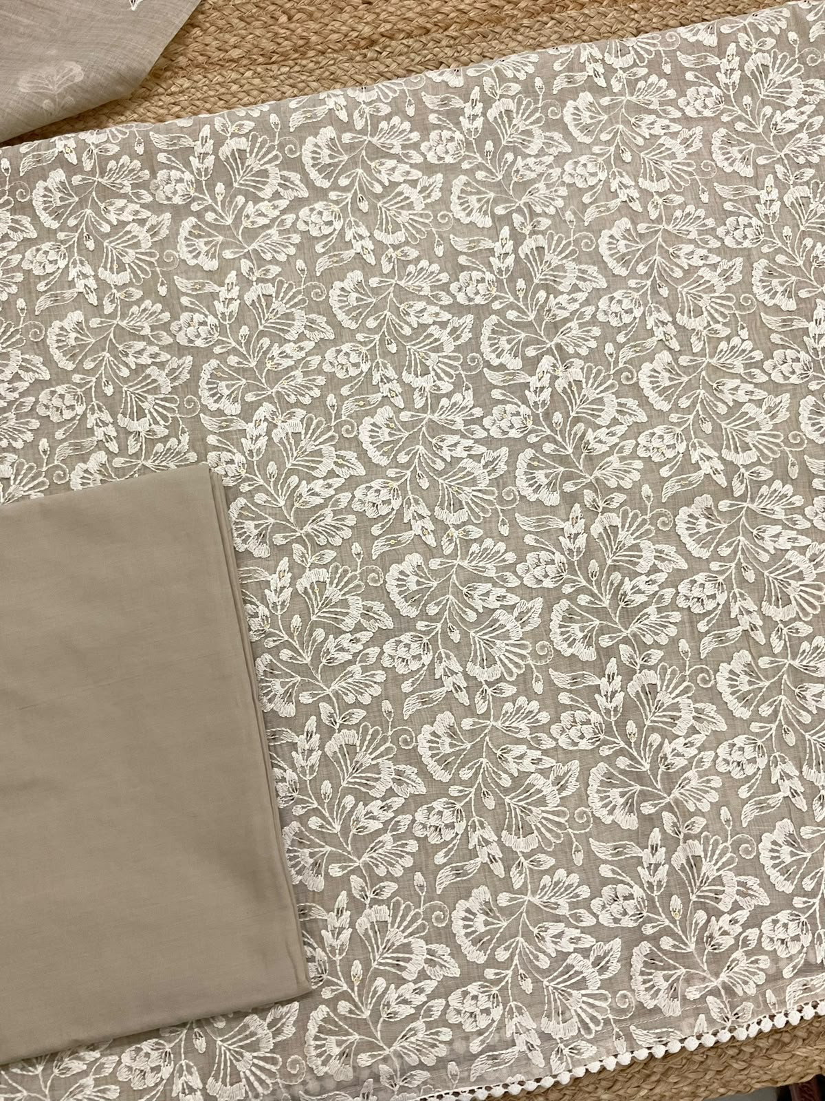 Pure Slub Chanderi Embroidered Suit - Beige