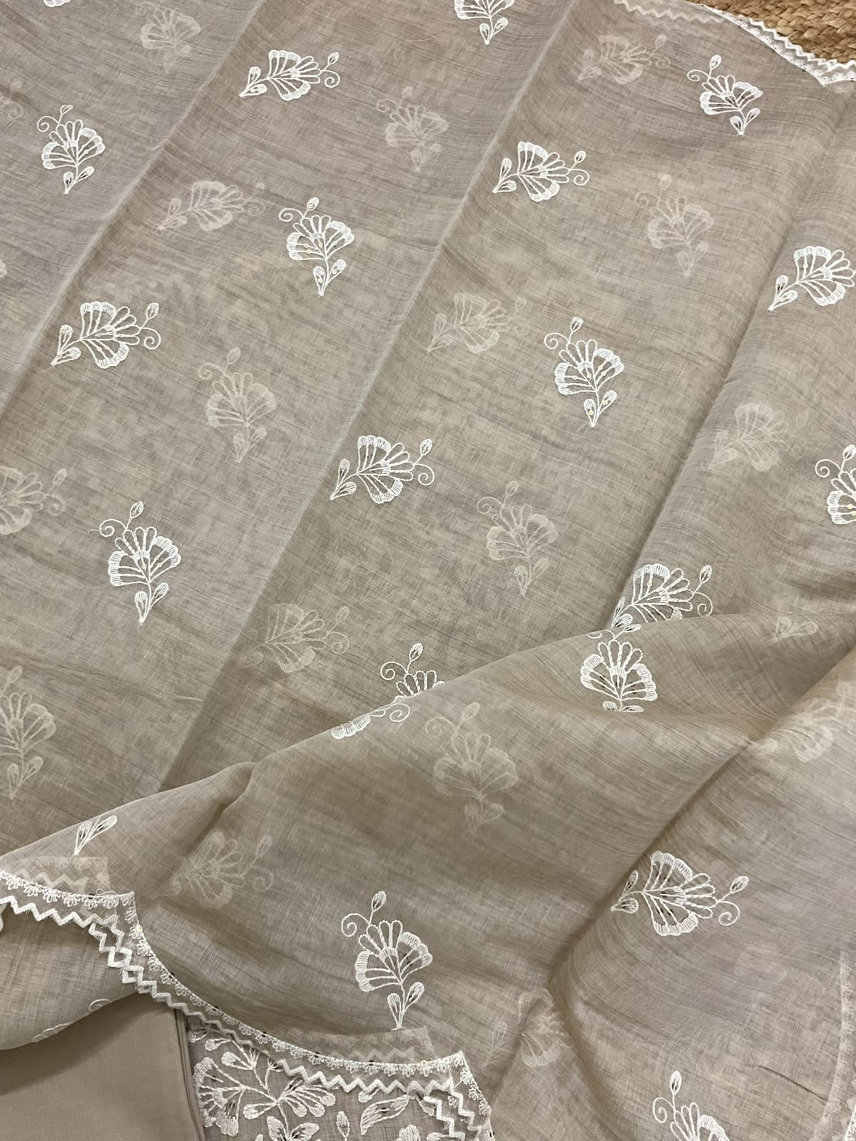 Pure Slub Chanderi Embroidered Suit - Beige