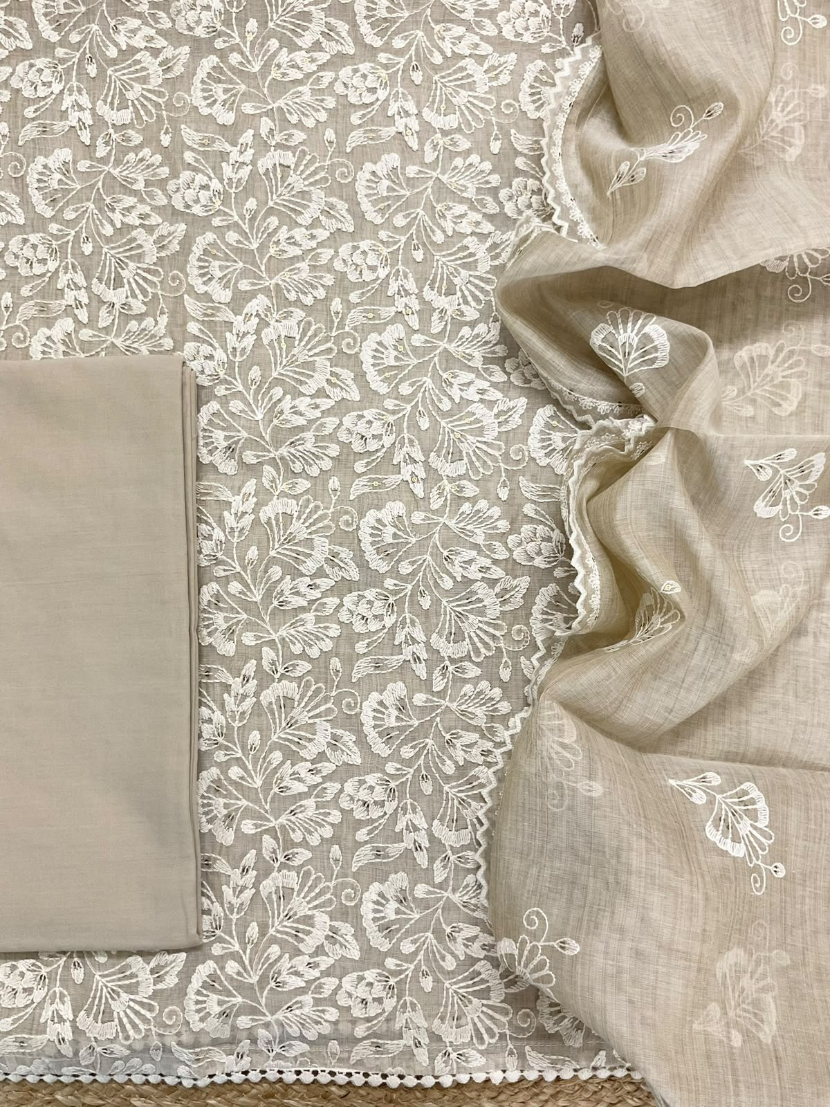 Pure Slub Chanderi Embroidered Suit - Beige