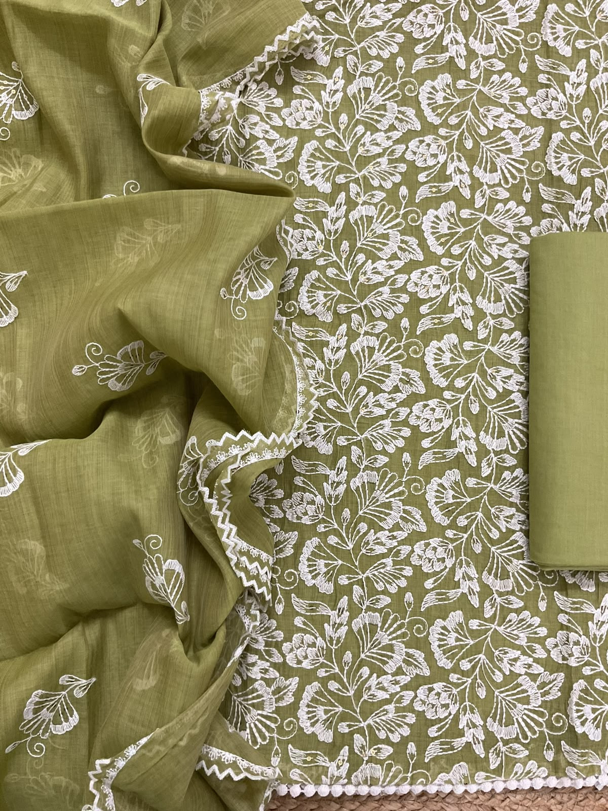 Pure Slub Chanderi Embroidered Suit - Green