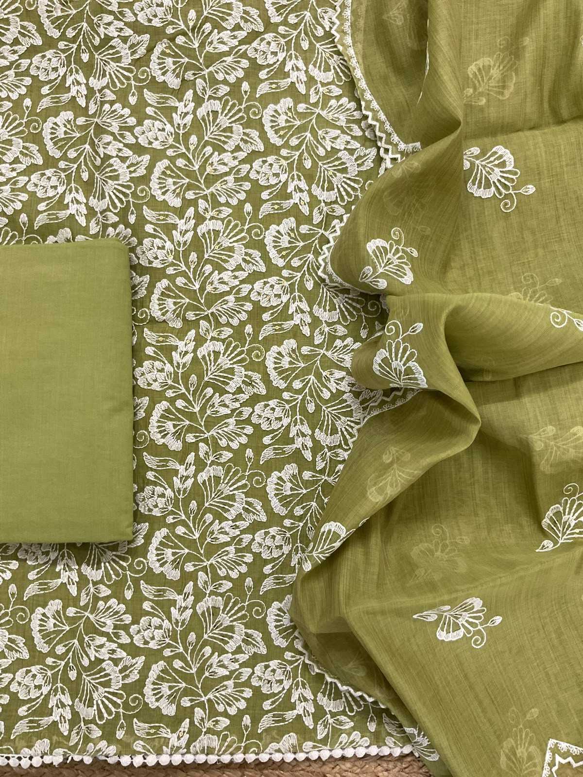 Pure Slub Chanderi Embroidered Suit - Green