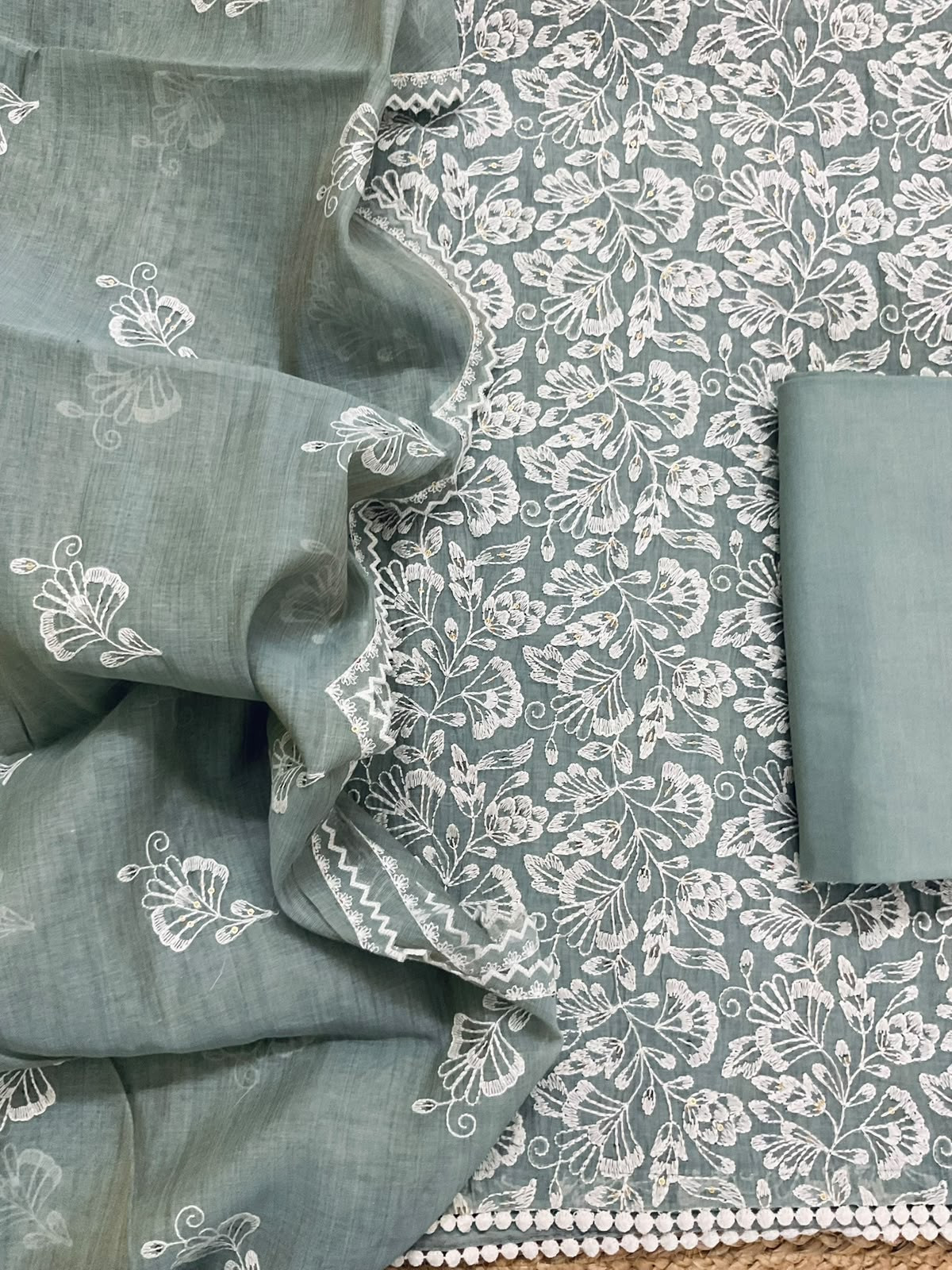 Pure Slub Chanderi Embroidered Suit - Grey