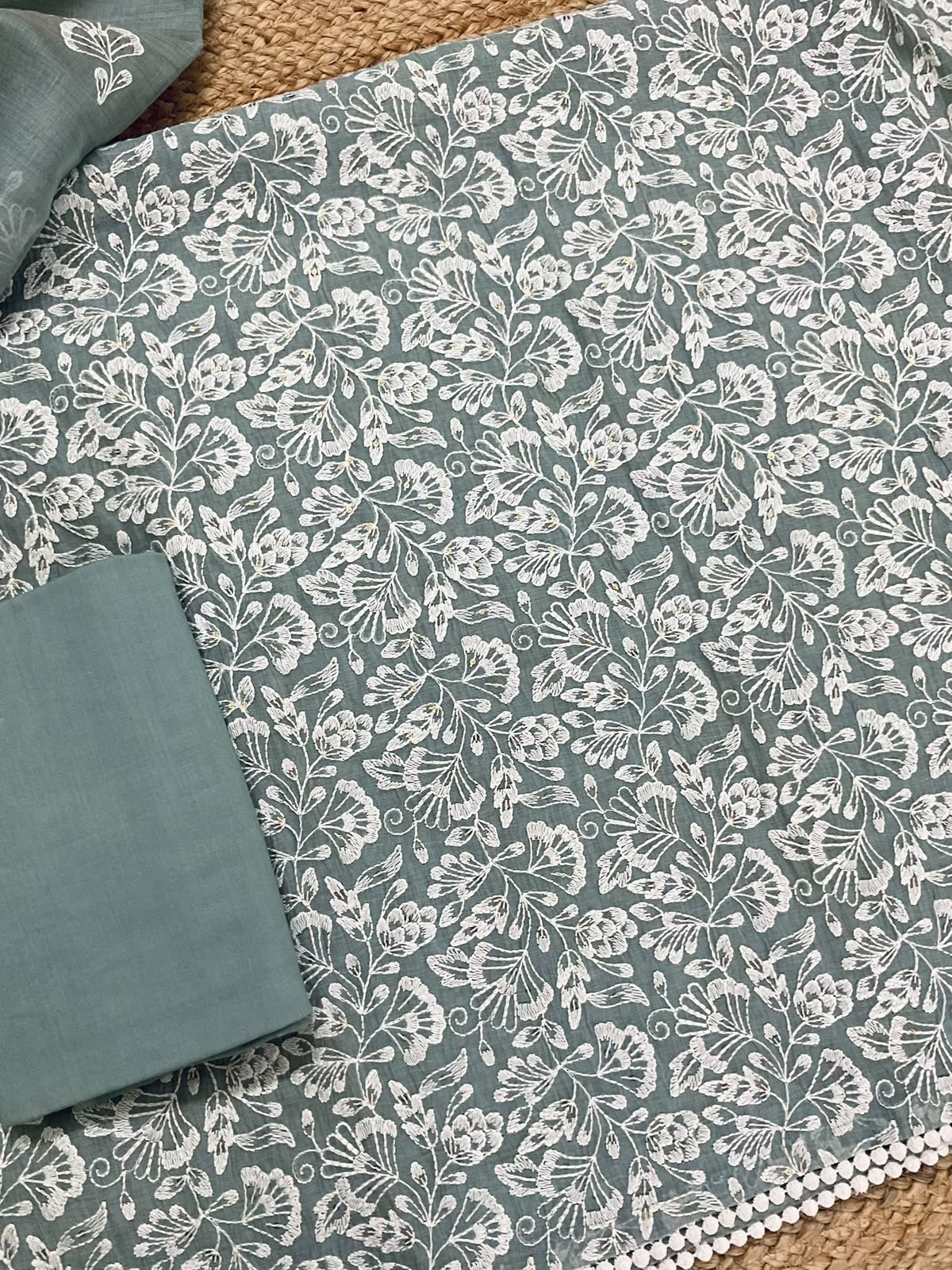 Pure Slub Chanderi Embroidered Suit - Grey