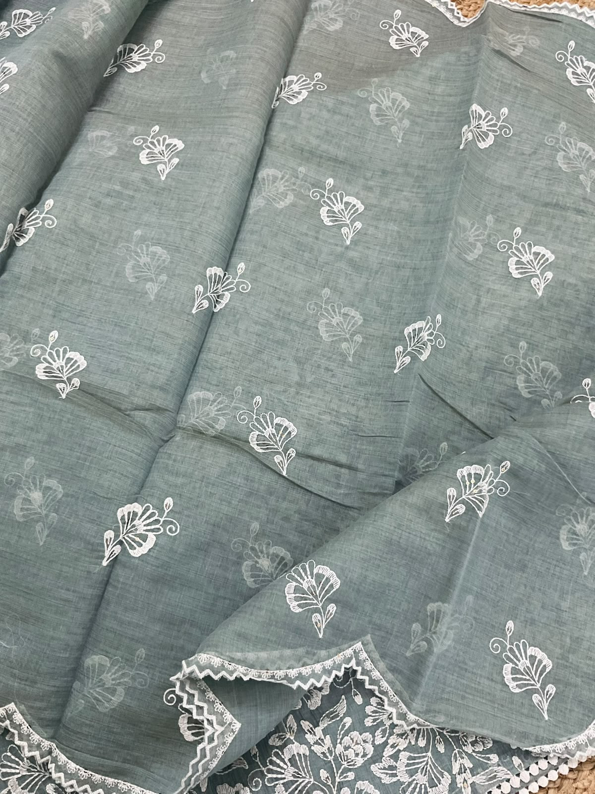 Pure Slub Chanderi Embroidered Suit - Grey
