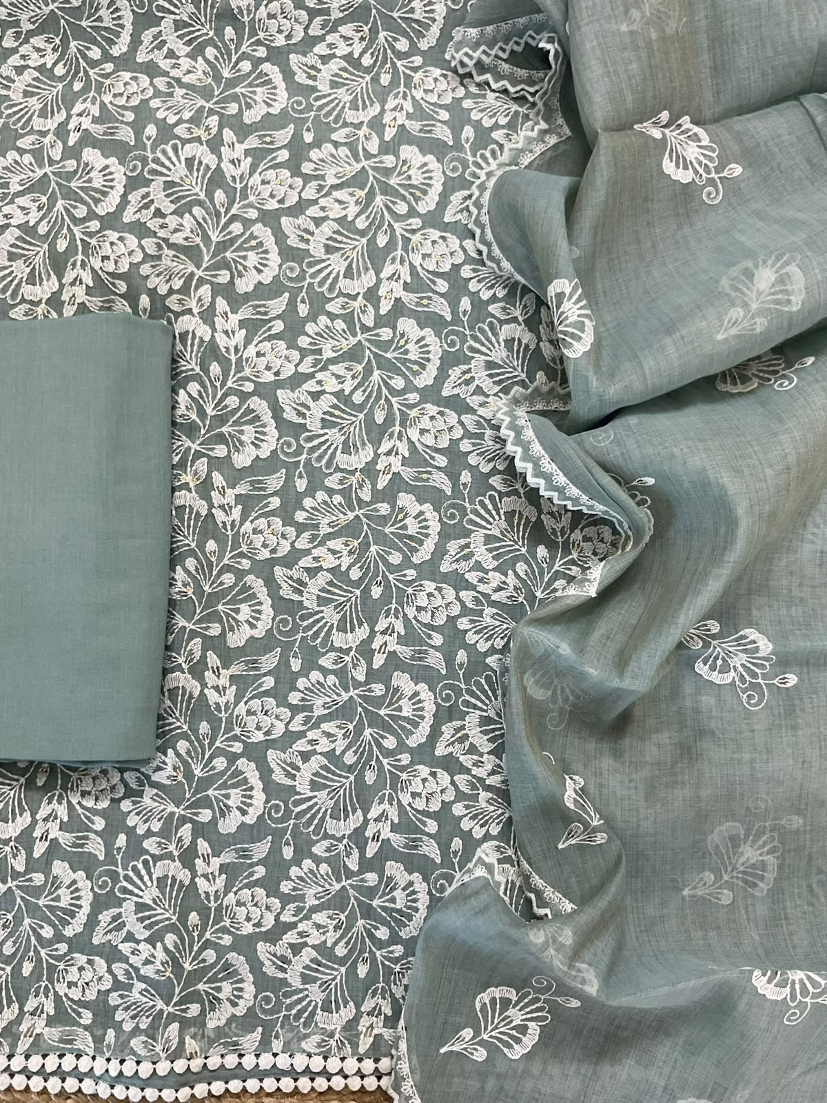 Pure Slub Chanderi Embroidered Suit - Grey
