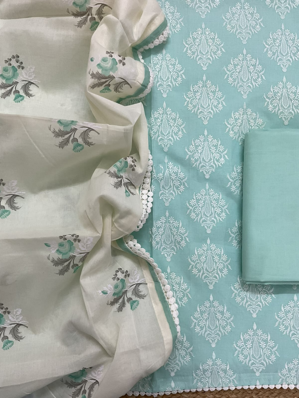 Pure Cotton Printed Embroidered Suit - Blue