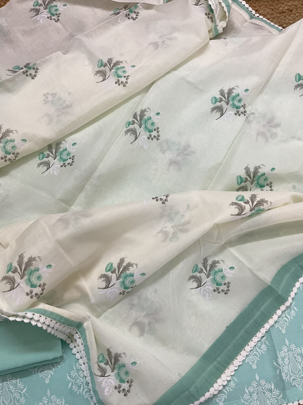 Pure Cotton Printed Embroidered Suit - Blue