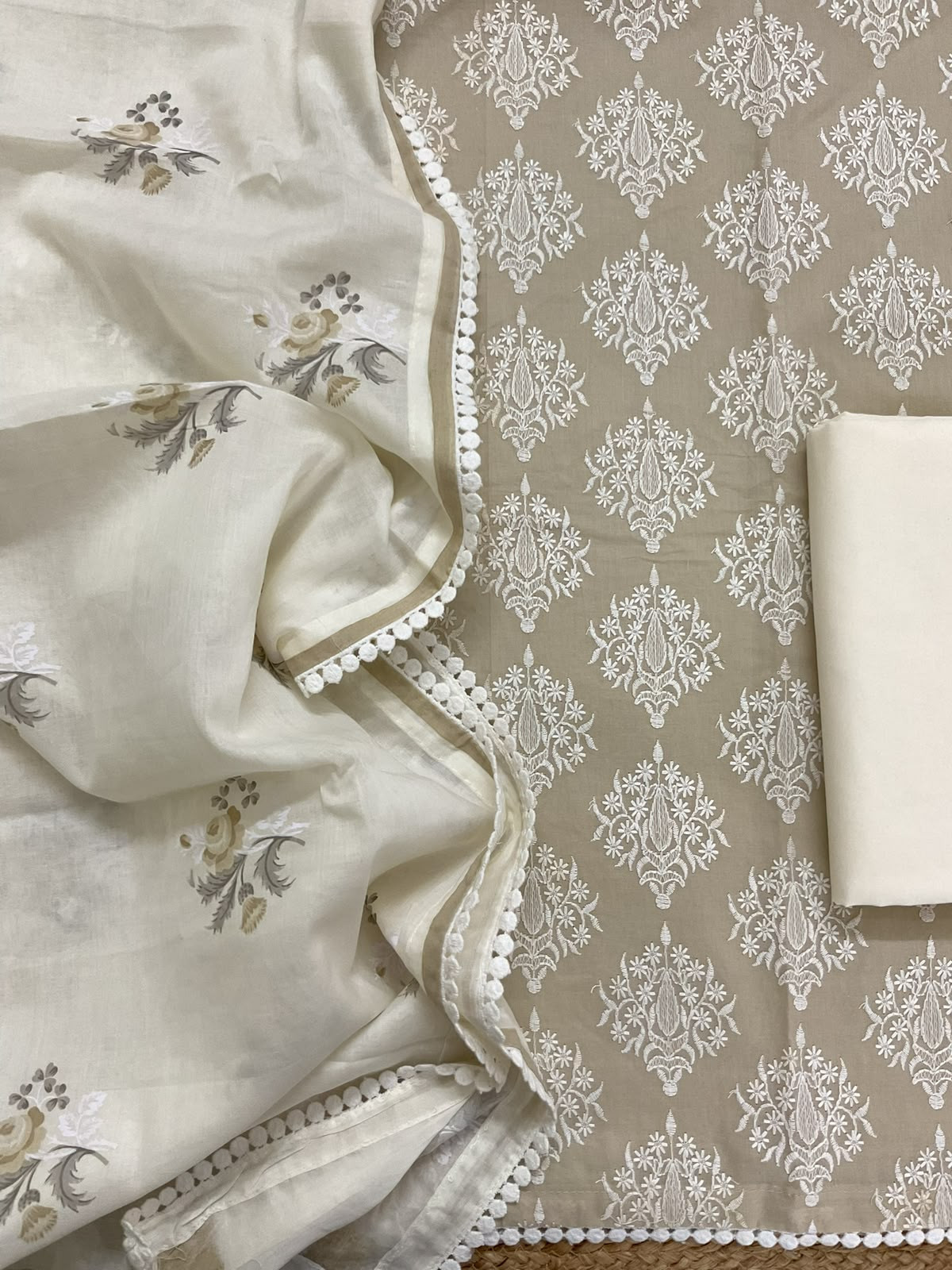 Pure Cotton Printed Embroidered Suit - Beige