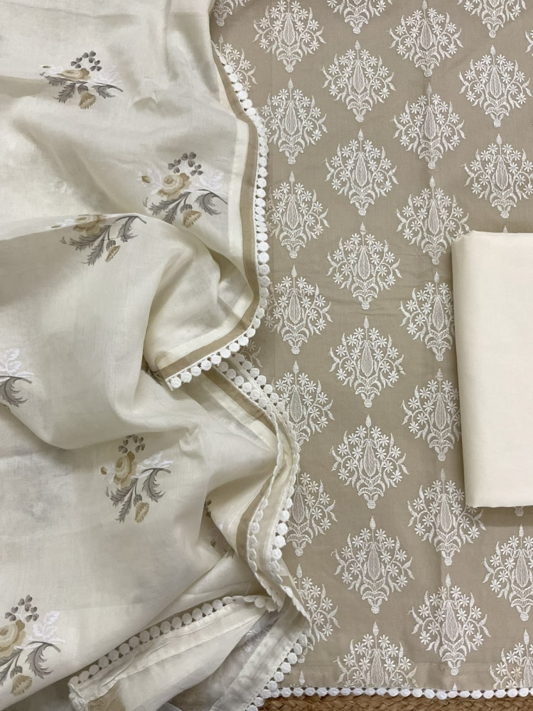 Image of Pure Cotton Printed Embroidered Suit - Beige