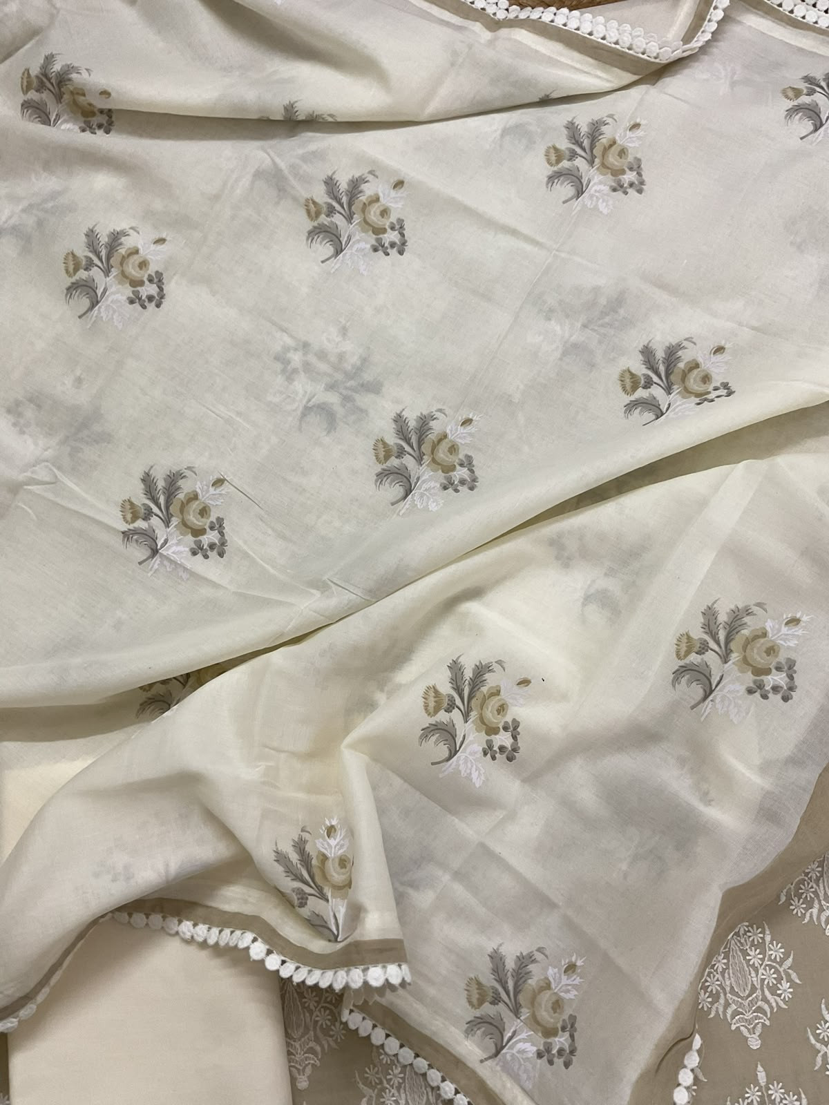 Pure Cotton Printed Embroidered Suit - Beige