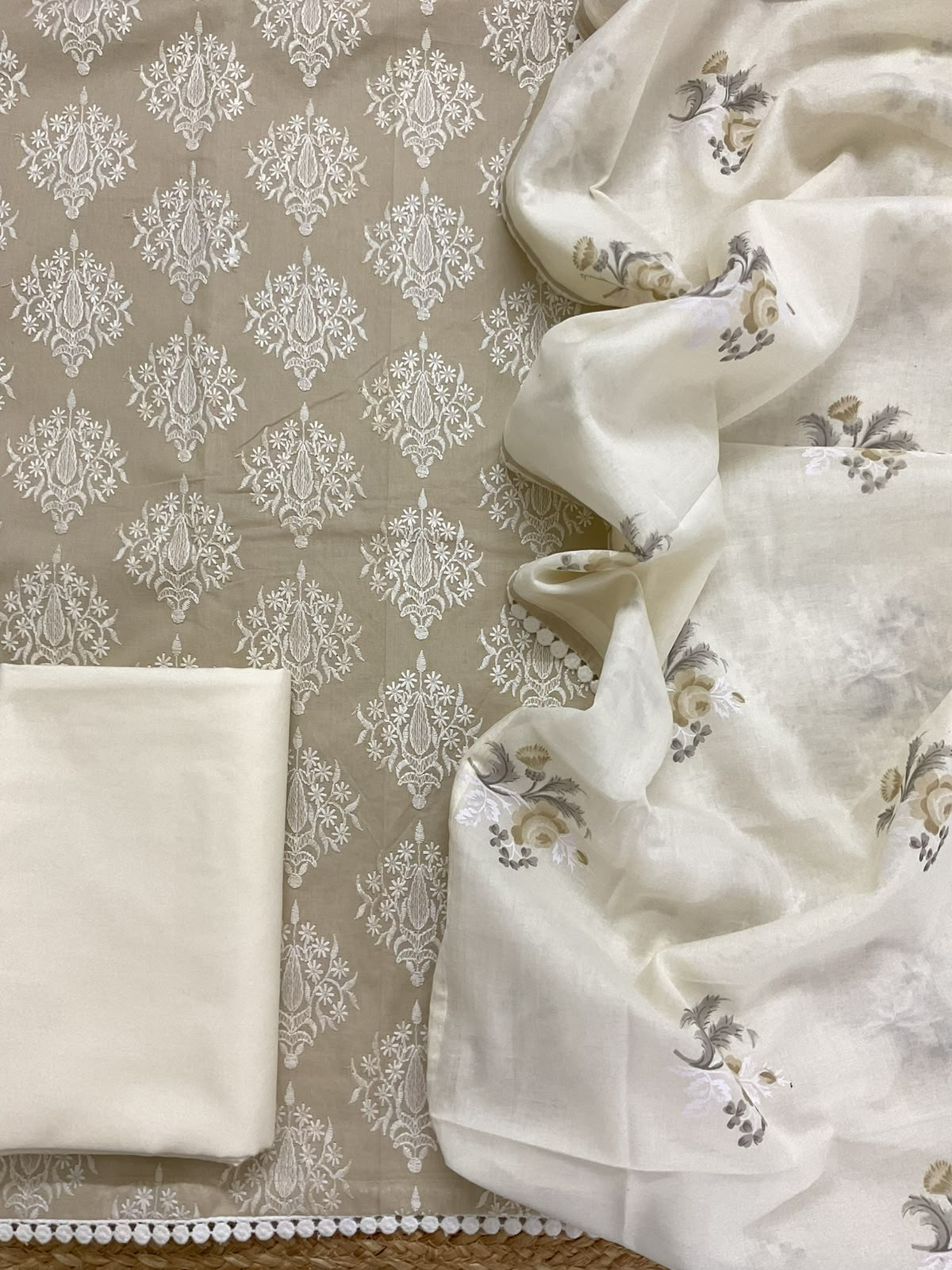 Pure Cotton Printed Embroidered Suit - Beige
