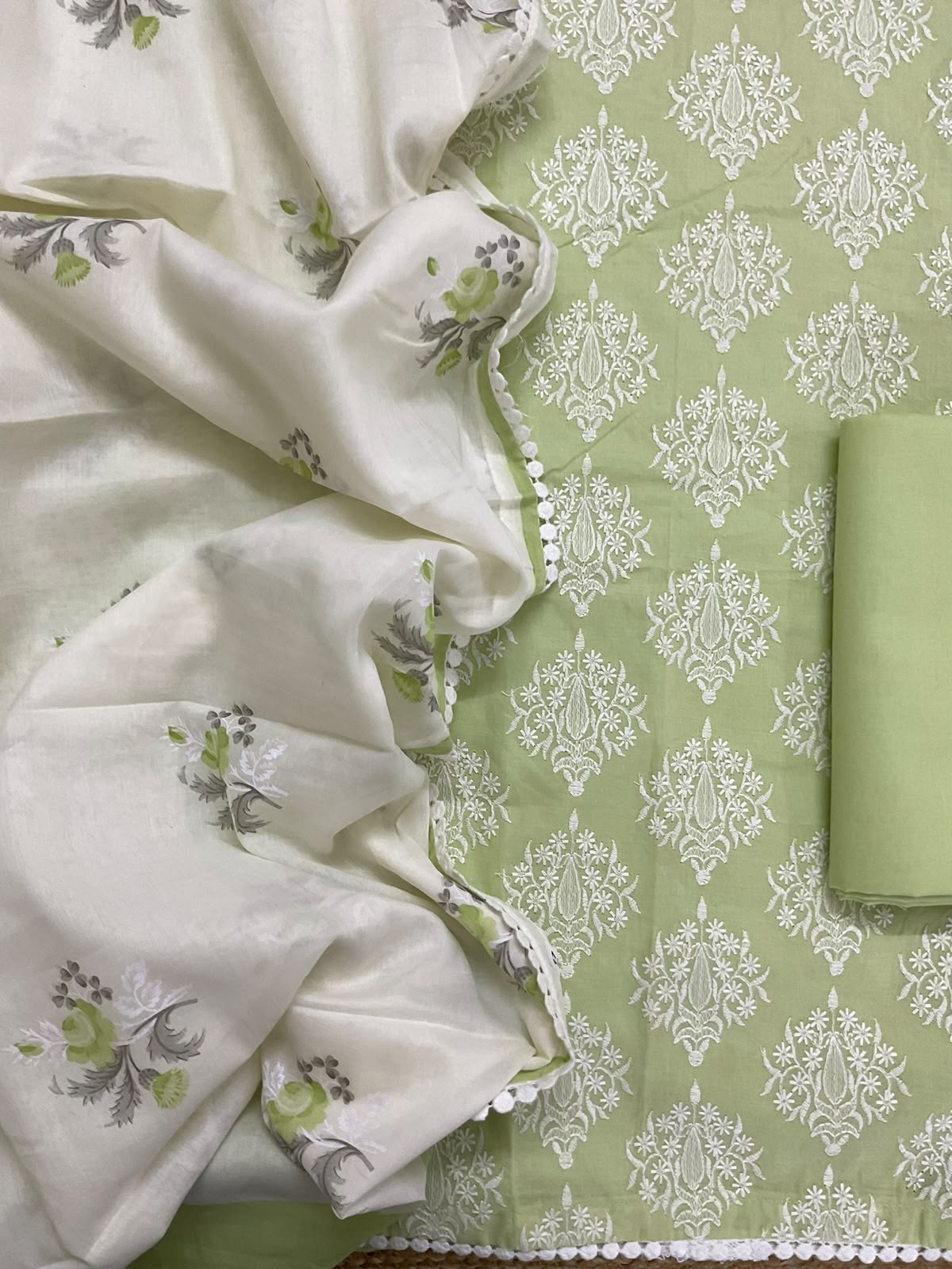 Pure Cotton Printed Embroidered Suit - Green