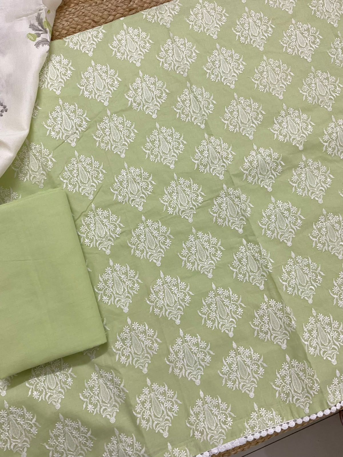Pure Cotton Printed Embroidered Suit - Green