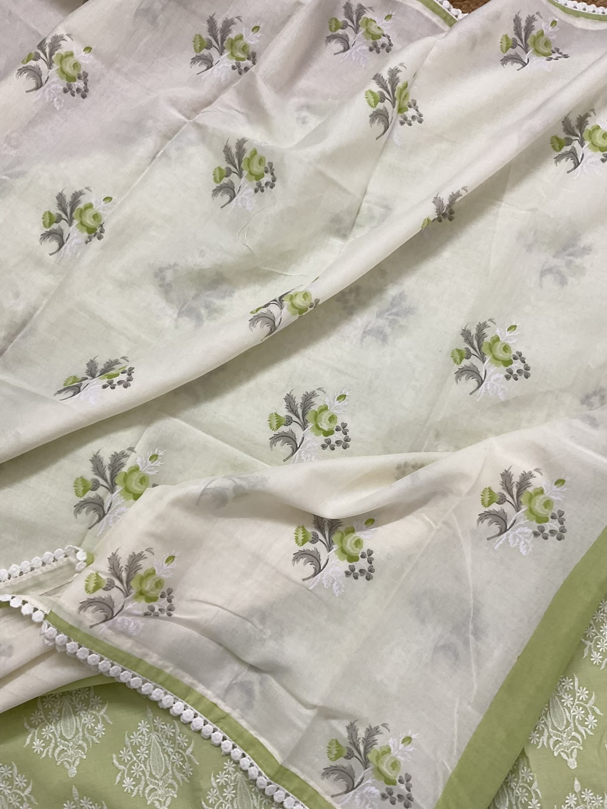 Pure Cotton Printed Embroidered Suit - Green