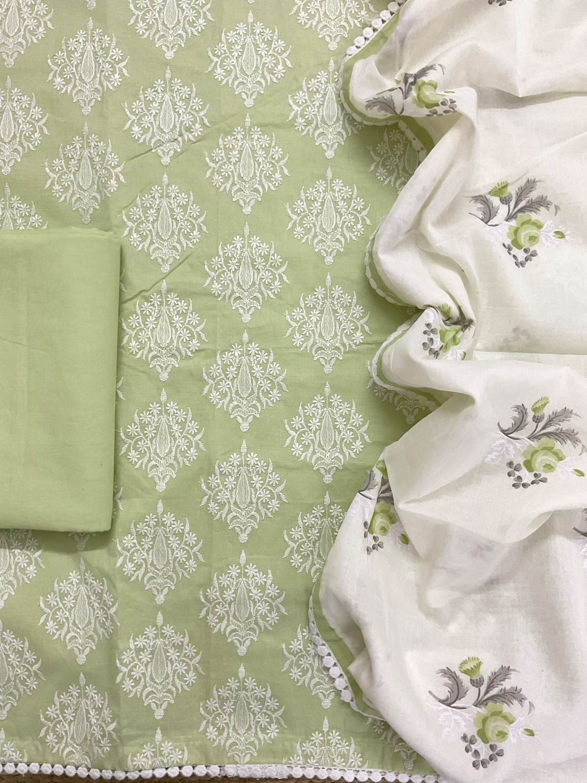 Pure Cotton Printed Embroidered Suit - Green