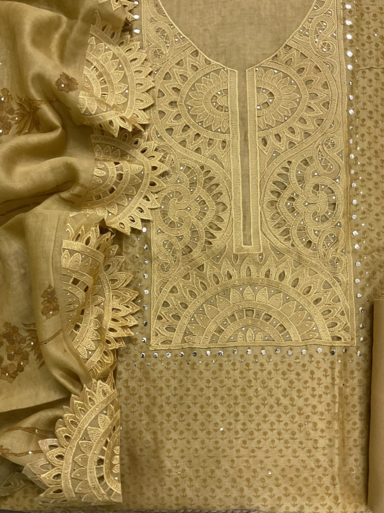 Image of Pure Chanderi Printed Embroidered Suit - Mustard