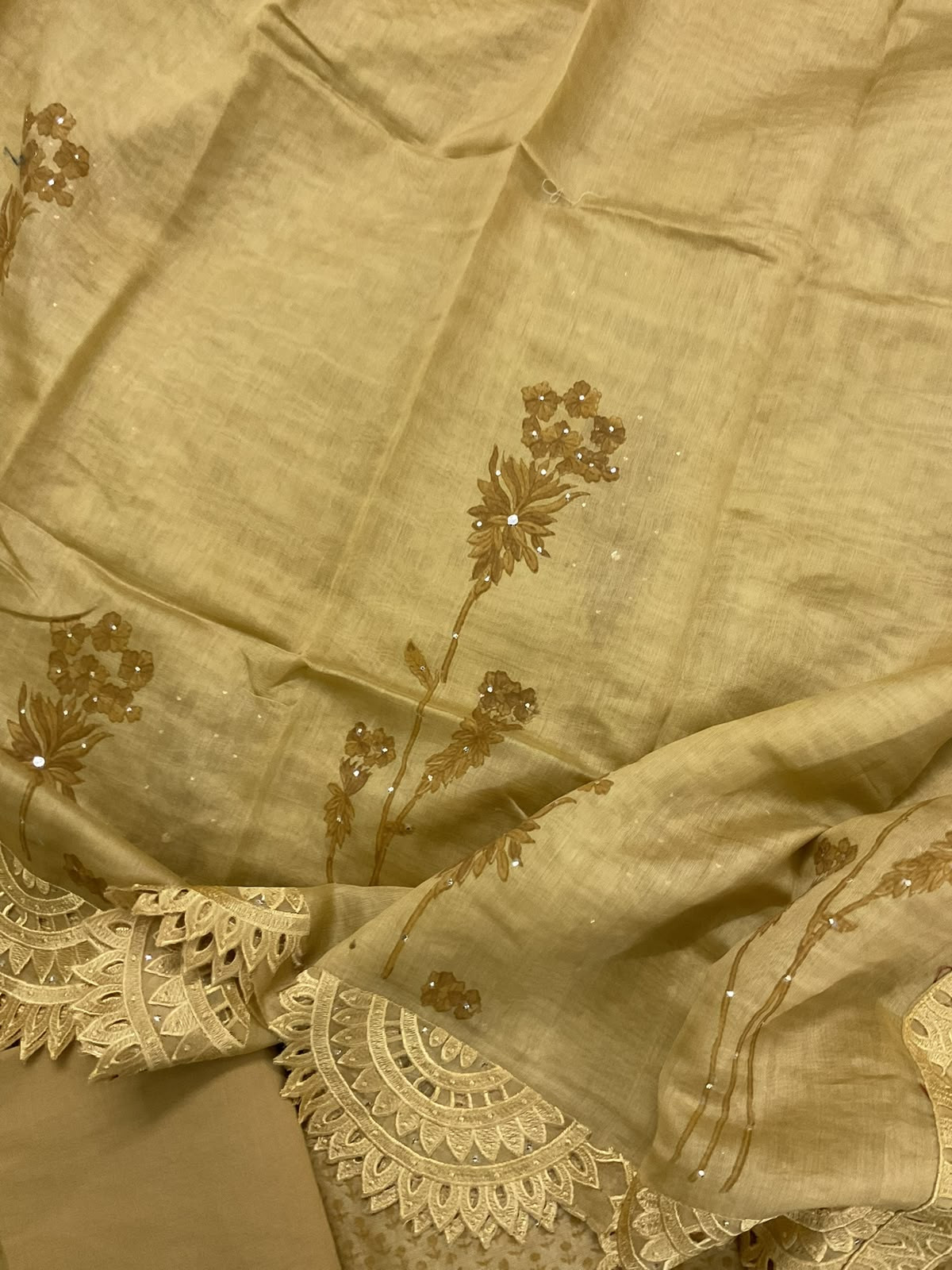 Pure Chanderi Printed Embroidered Suit - Mustard