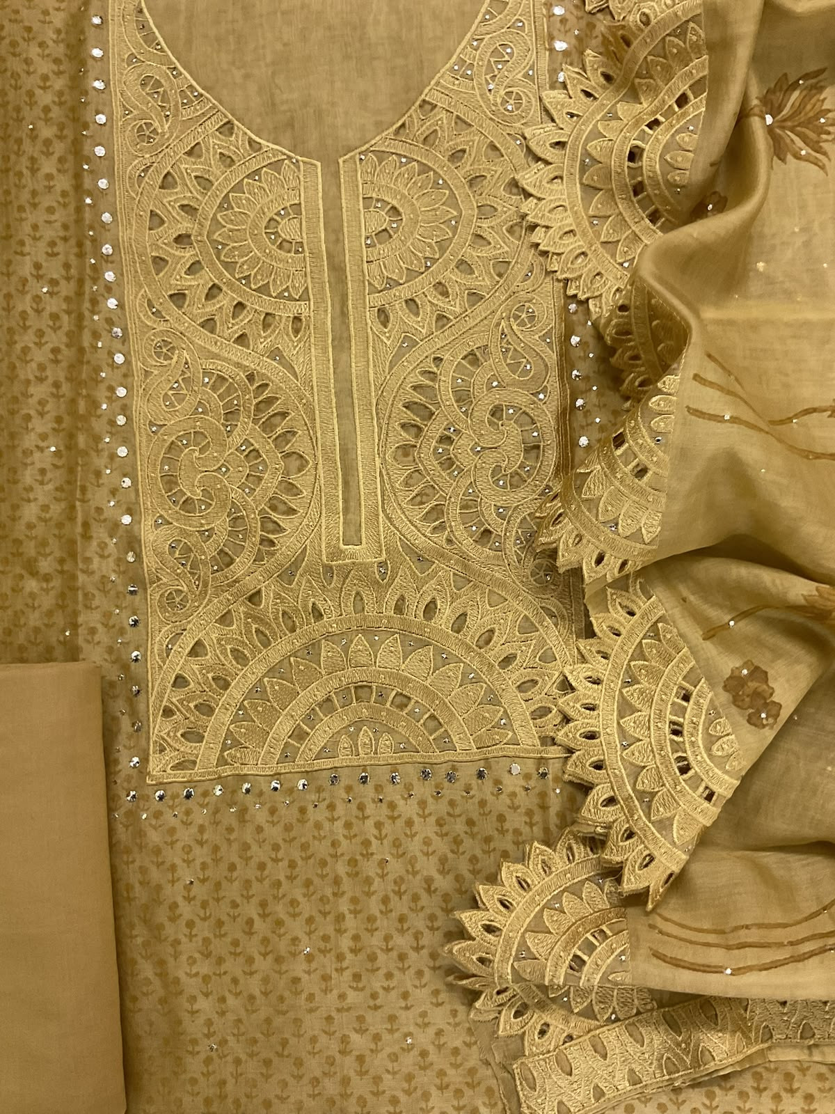 Pure Chanderi Printed Embroidered Suit - Mustard
