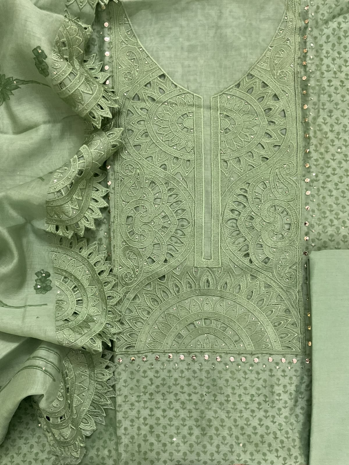 Pure Chanderi Printed Embroidered Suit - Green