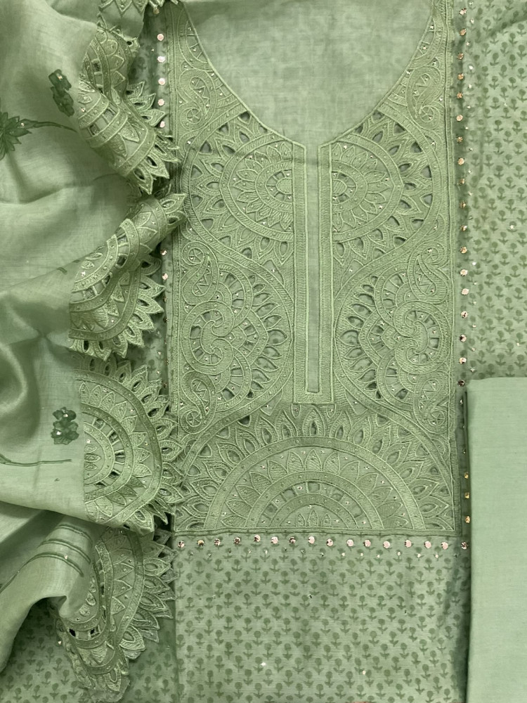 Image of Pure Chanderi Printed Embroidered Suit - Green
