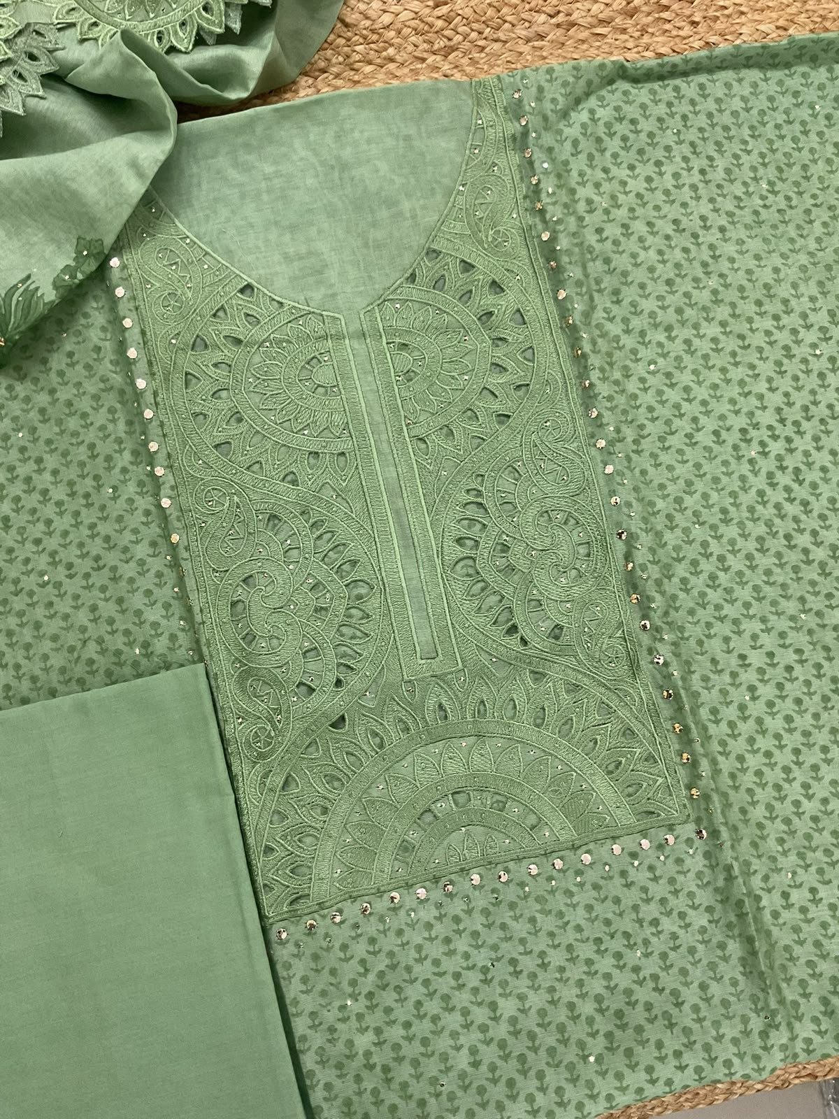 Pure Chanderi Printed Embroidered Suit - Green