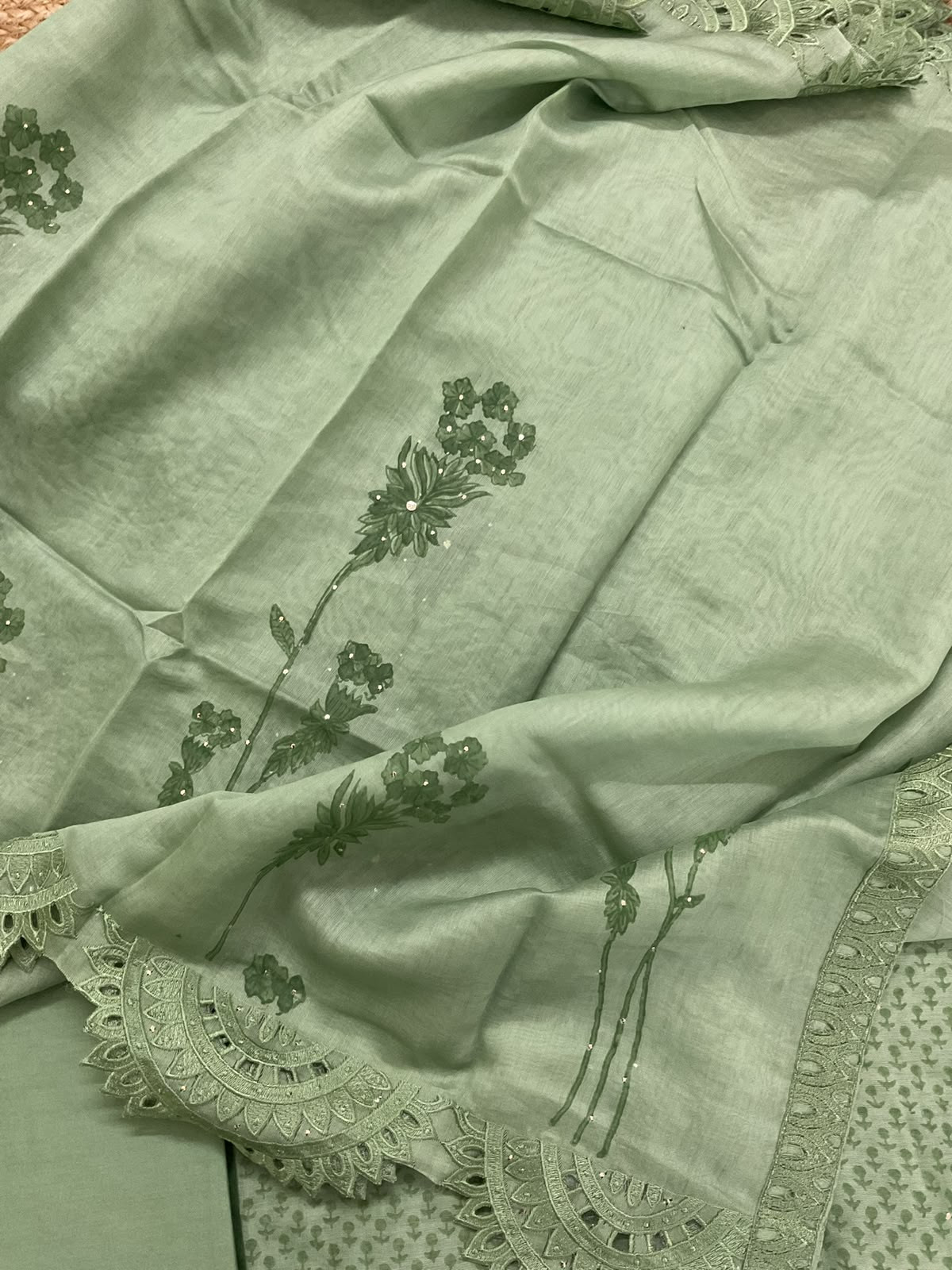 Pure Chanderi Printed Embroidered Suit - Green