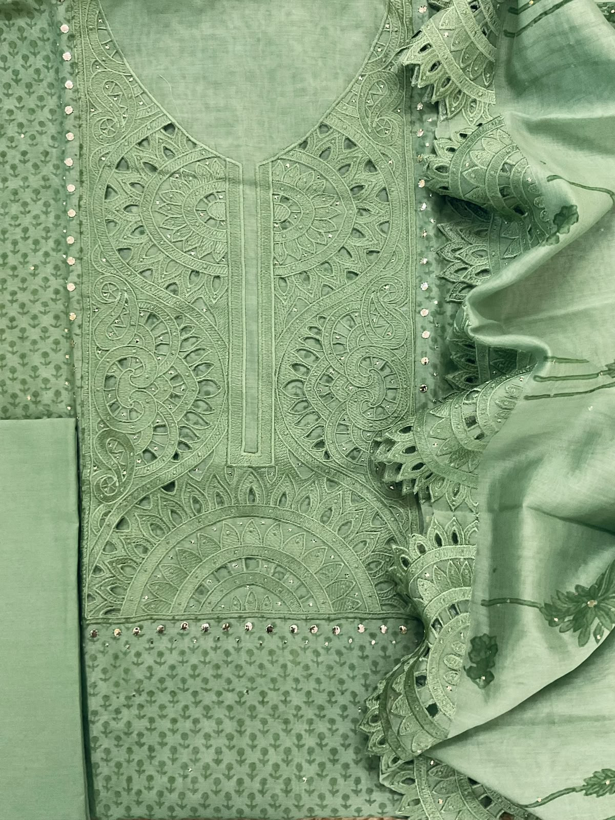 Pure Chanderi Printed Embroidered Suit - Green