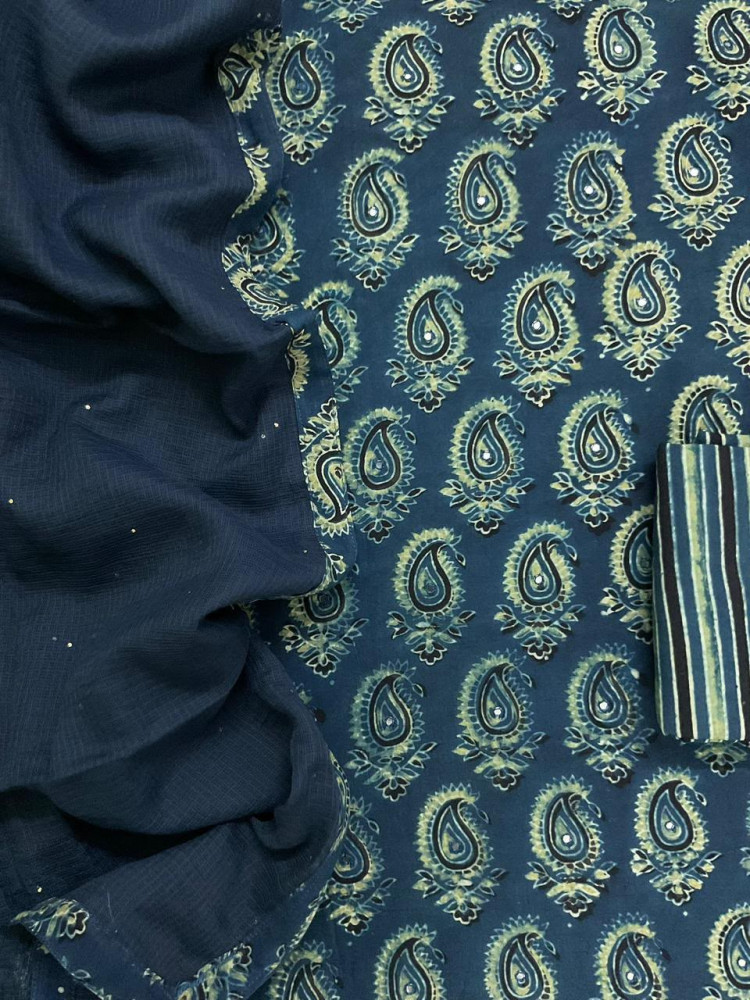 Image of Pure Fine Cotton Ajrakh Printed Embroidered Suit - Blue