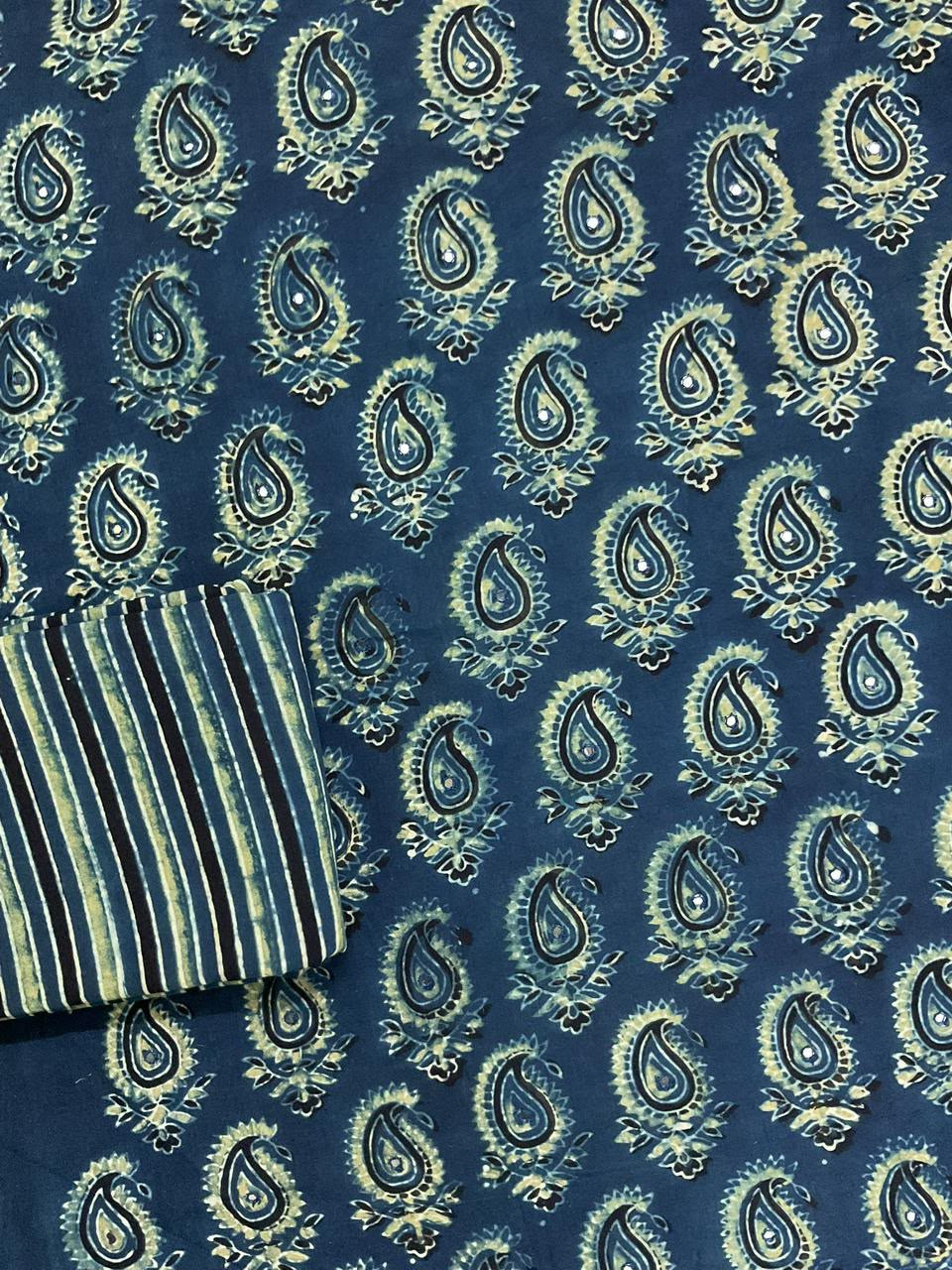 Pure Fine Cotton Ajrakh Printed Embroidered Suit - Blue