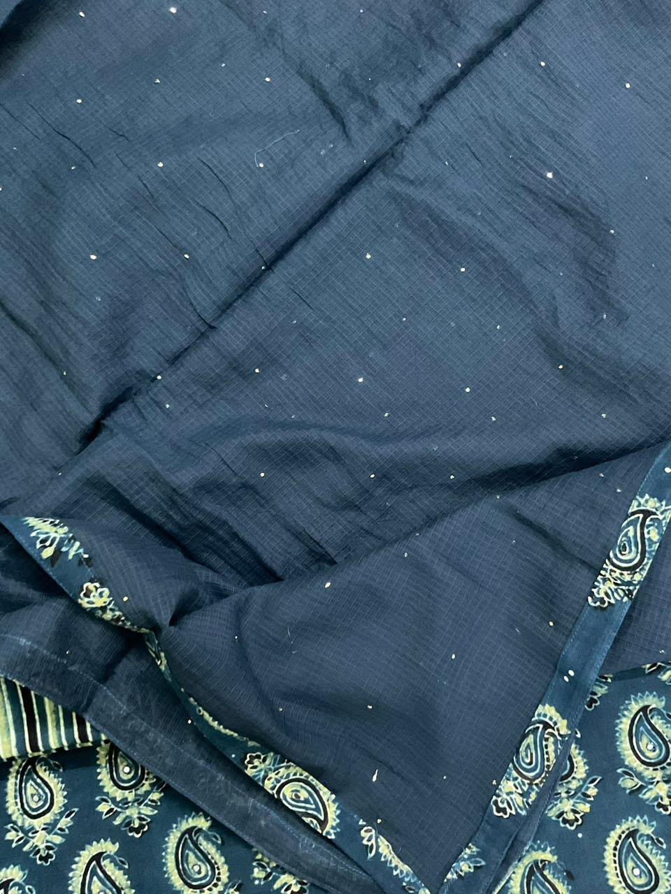 Pure Fine Cotton Ajrakh Printed Embroidered Suit - Blue