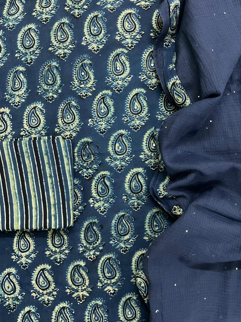 Pure Fine Cotton Ajrakh Printed Embroidered Suit - Blue