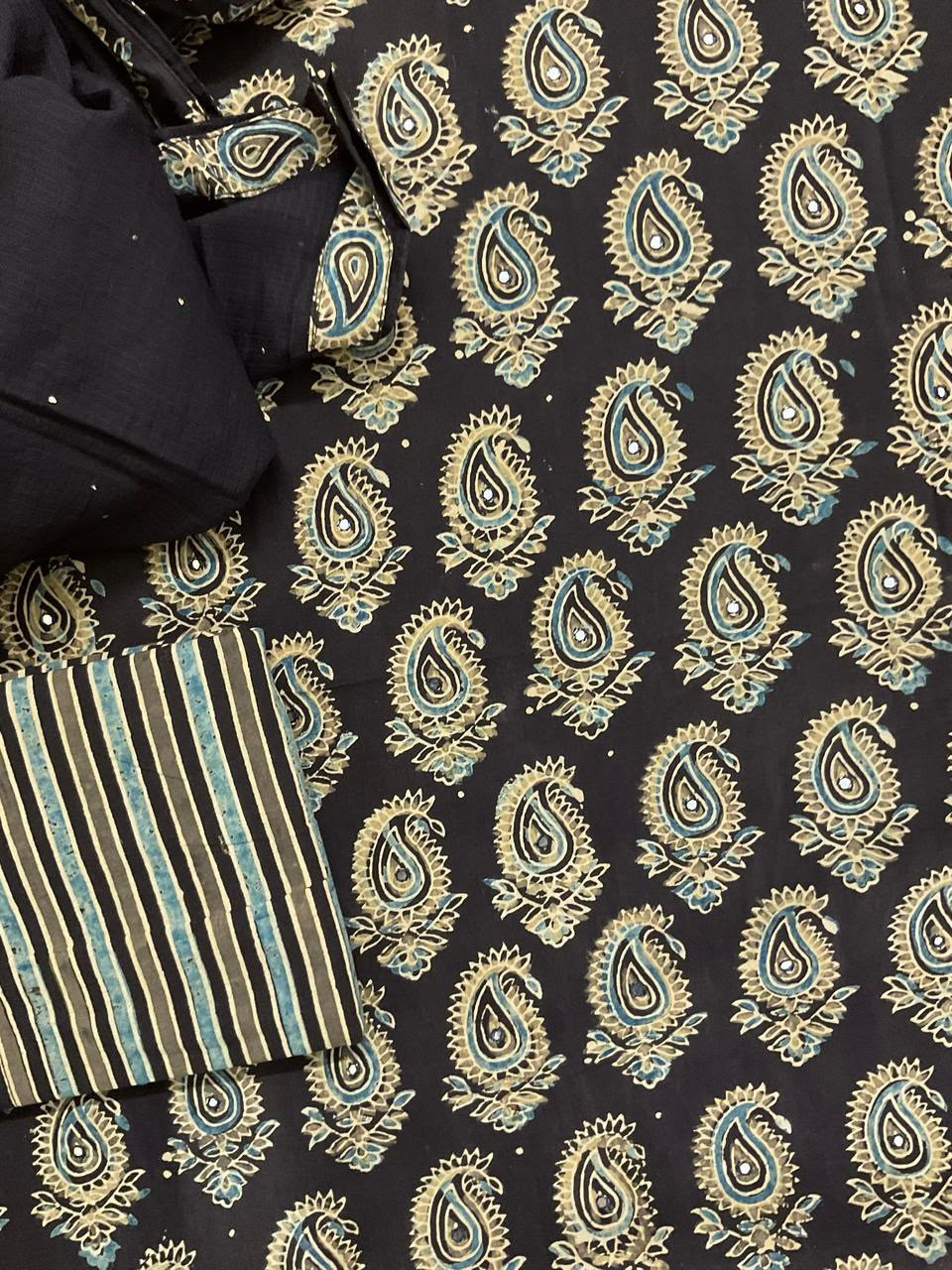 Pure Fine Cotton Ajrakh Printed Embroidered Suit - Black