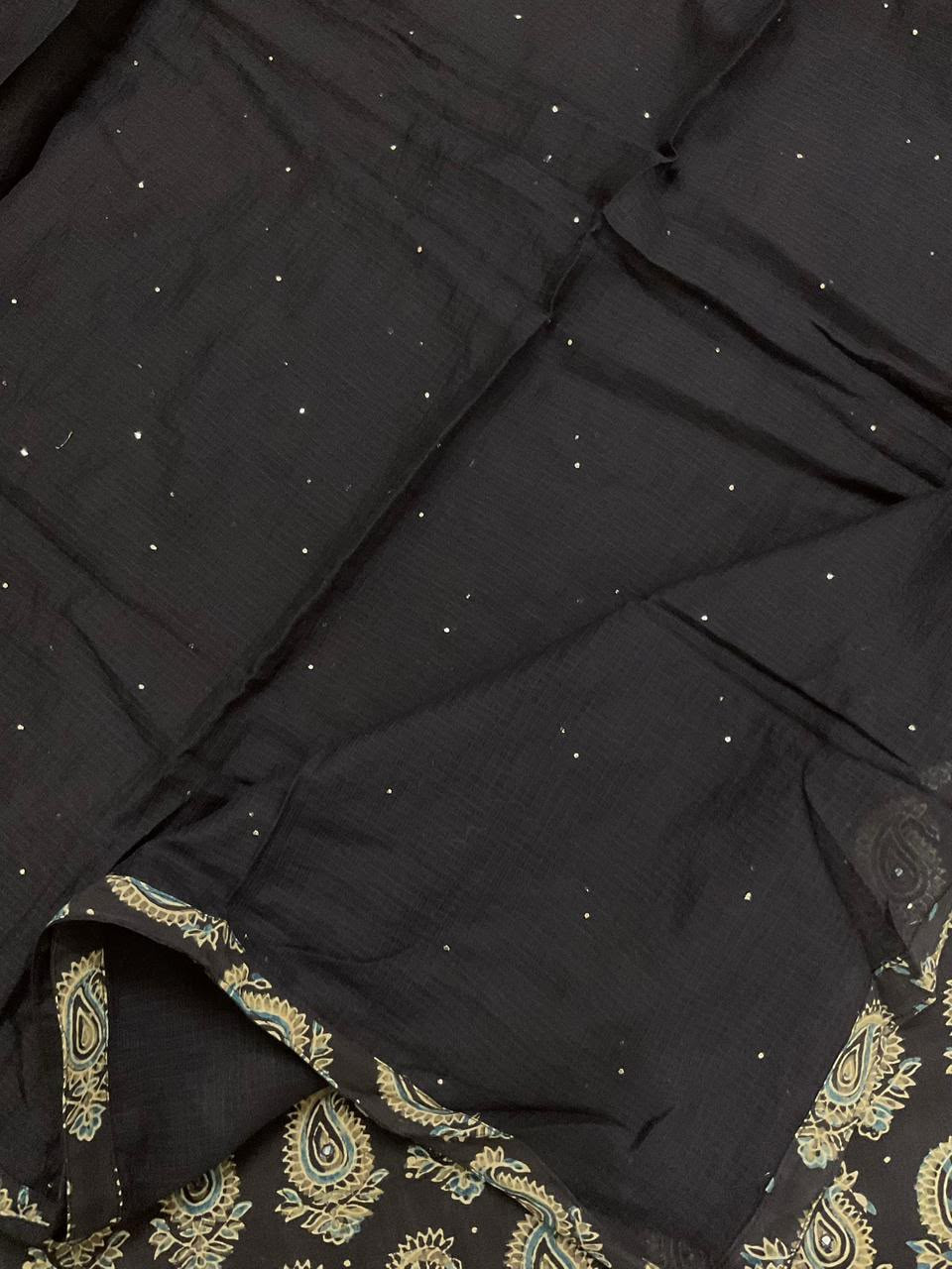 Pure Fine Cotton Ajrakh Printed Embroidered Suit - Black