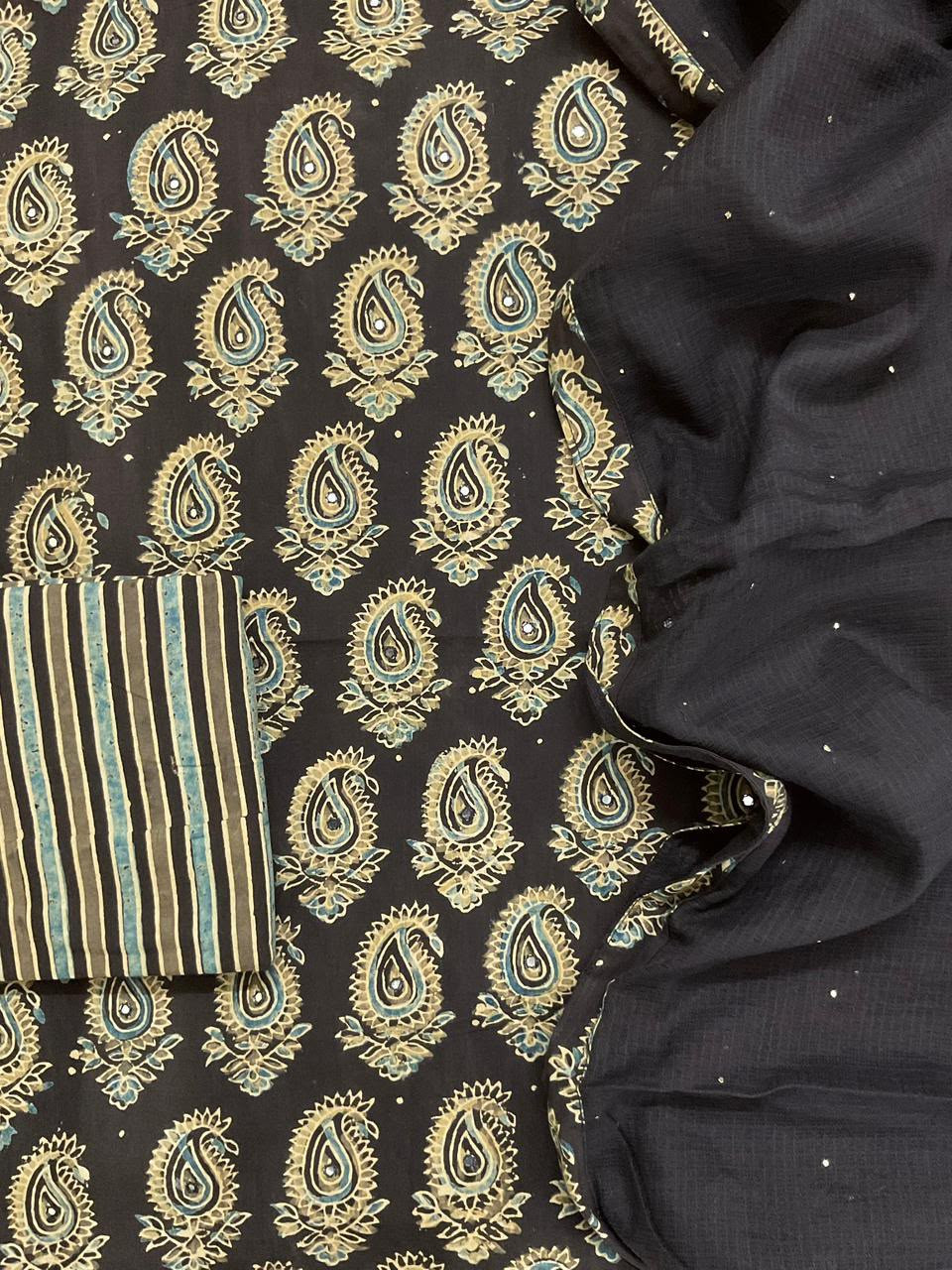Pure Fine Cotton Ajrakh Printed Embroidered Suit - Black