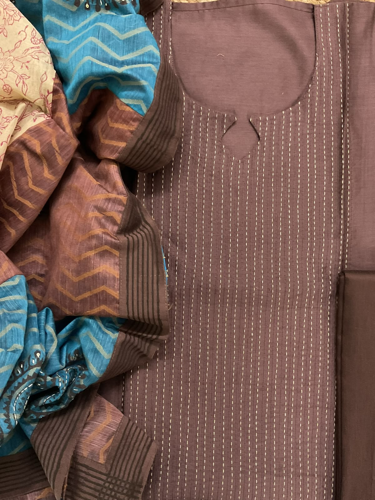 Pure Cotton Silk Printed Embroidered Suit - Brown