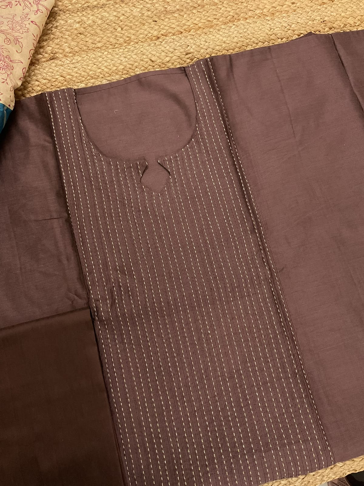 Pure Cotton Silk Printed Embroidered Suit - Brown