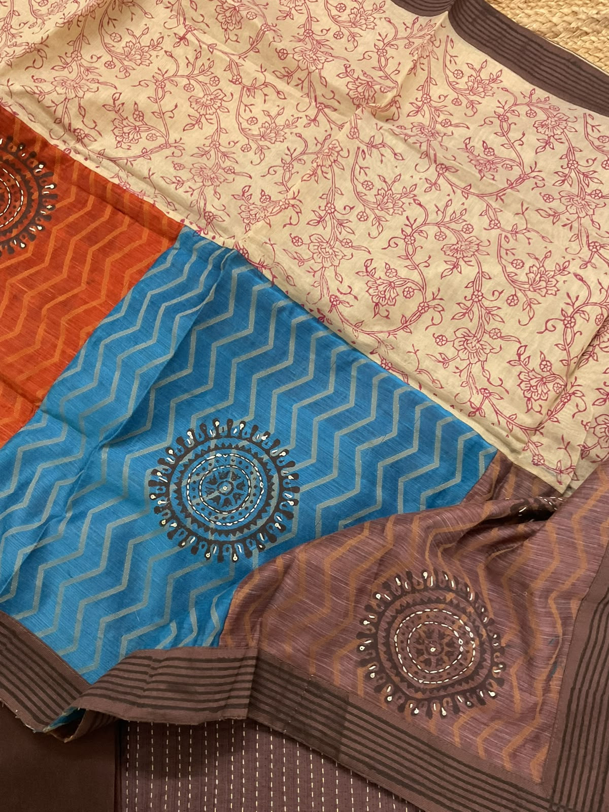 Pure Cotton Silk Printed Embroidered Suit - Brown