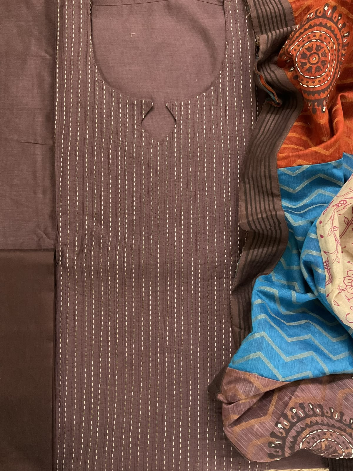 Pure Cotton Silk Printed Embroidered Suit - Brown