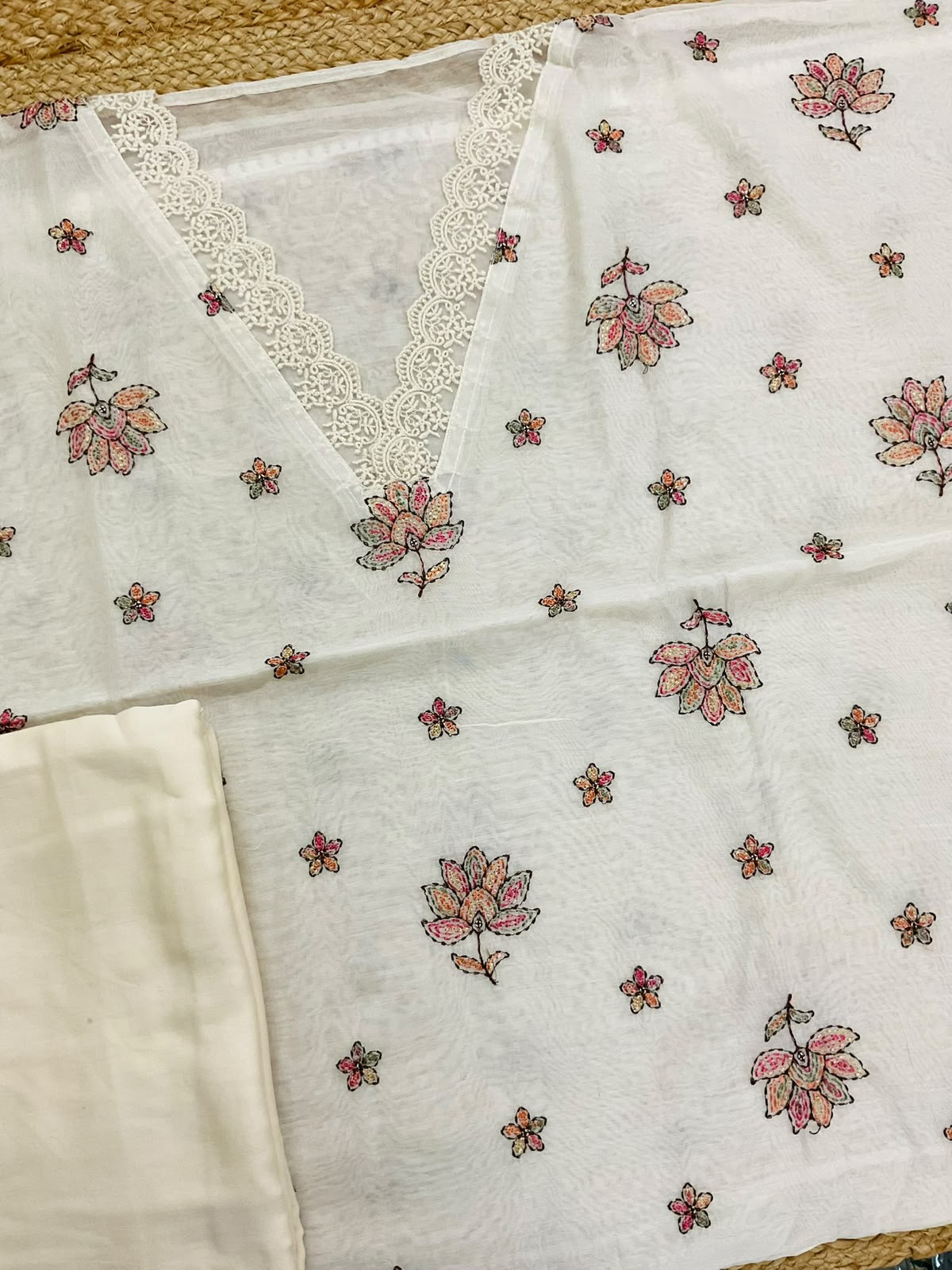 Pure Mul Chanderi Embroidered Suit - Off White